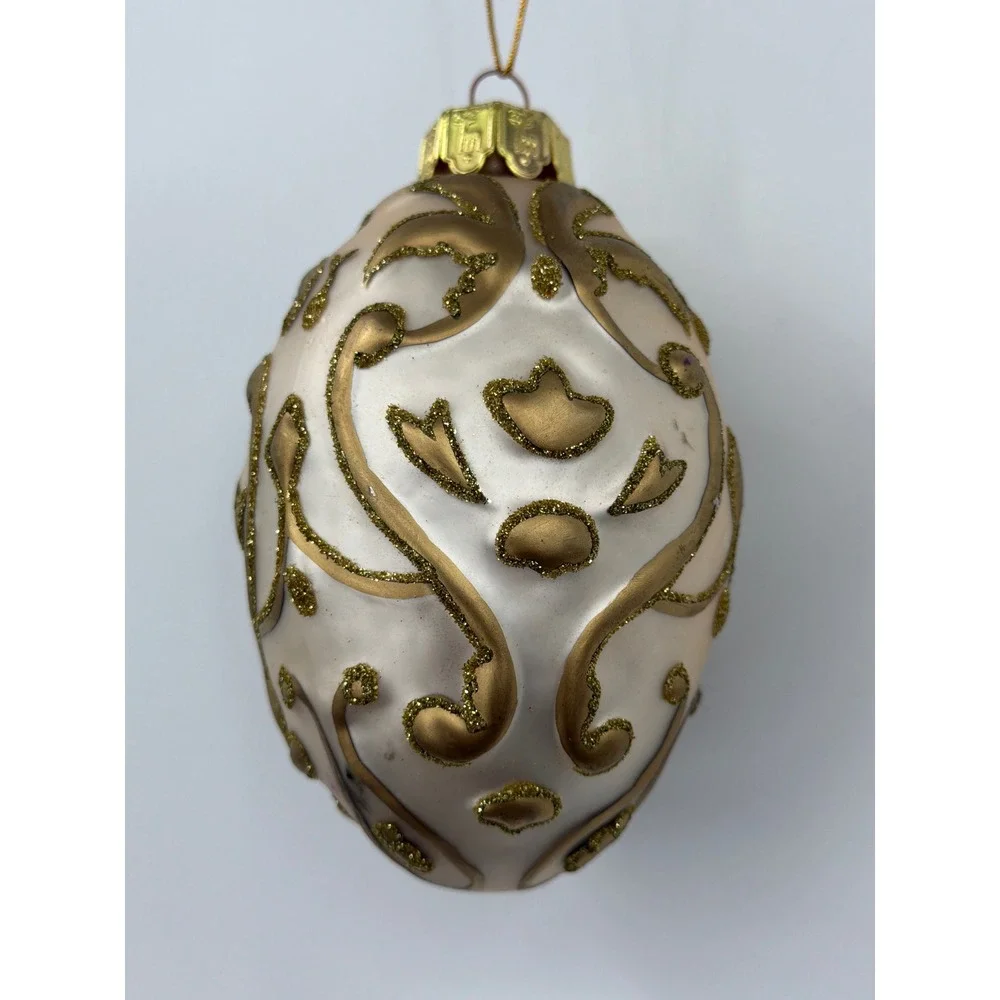 Santa's Best Glass Egg Christmas‎ Ornament Gold Glitter Filigree Pearl White